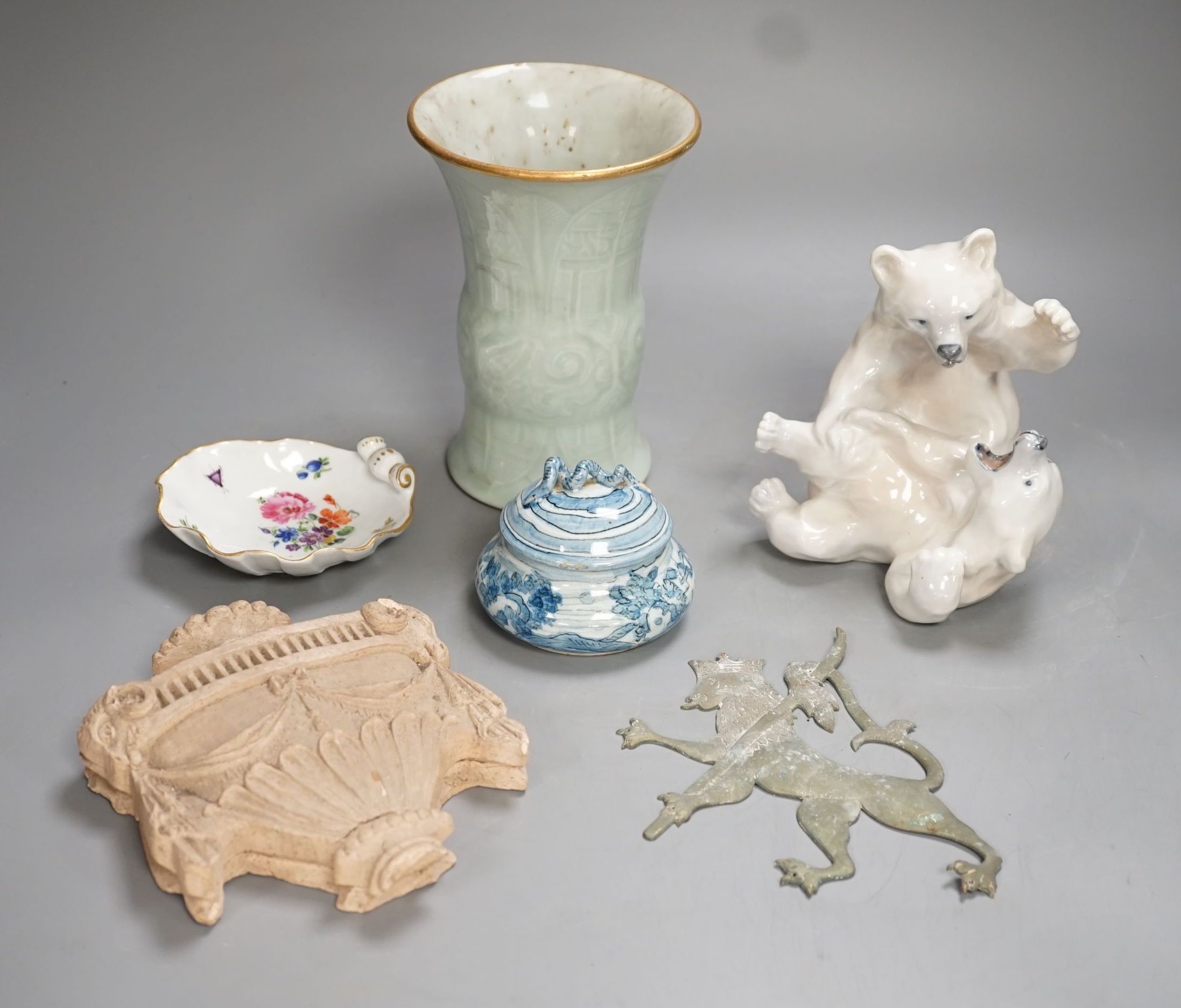 A Royal Copenhagen group of polar bears, a Meissen floral painted ‘shell’ dish, a Japanese celadon ground vase, Italian pottery box and cover etc.